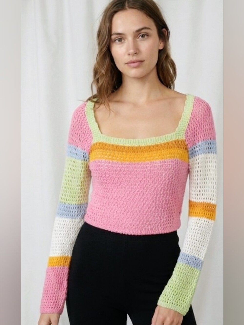 BLUENOTES Pastel Striped Crochet Knit Crop Top Long Sleeve Size S / P .NWT